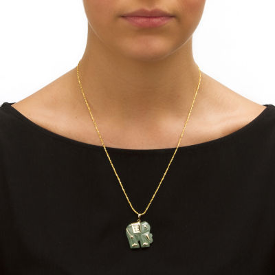 Elephant Womens Genuine Green Jade 14K Gold Pendant