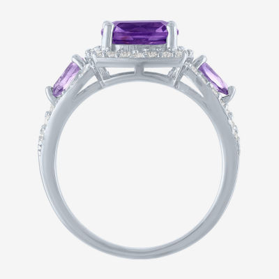 Womens Genuine Purple Amethyst Sterling Silver Cushion Halo Cocktail Ring
