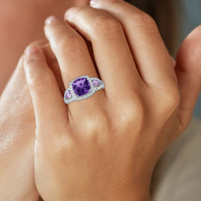 Womens Genuine Purple Amethyst Sterling Silver Cushion Halo Cocktail Ring