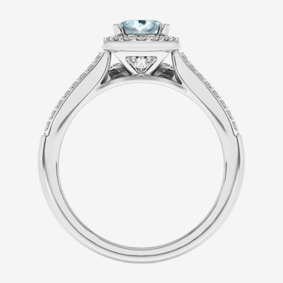 Womens 1/2 CT. T.W. Genuine Blue Sapphire 10K White Gold Oval Side Stone Halo Engagement Ring