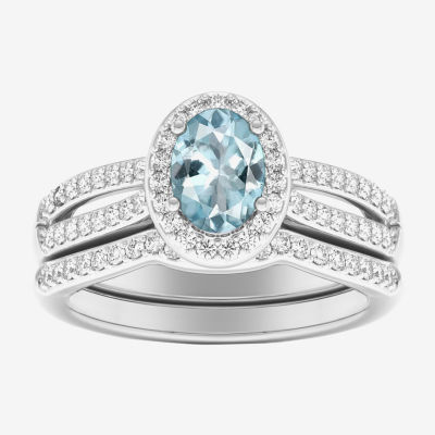 Womens 1/2 CT. T.W. Genuine Blue Sapphire 10K White Gold Oval Side Stone Halo Engagement Ring