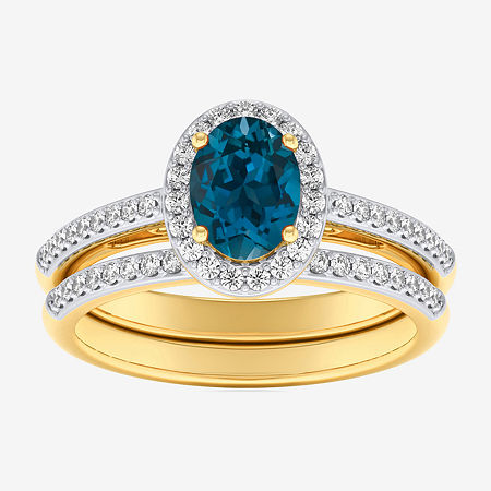 Modern Bride Gemstone Womens 3/8 CT. T.W. Genuine Blue Topaz 10K Gold Oval Side Stone Halo Engagement Ring, 8 1/2, London Blue Topaz