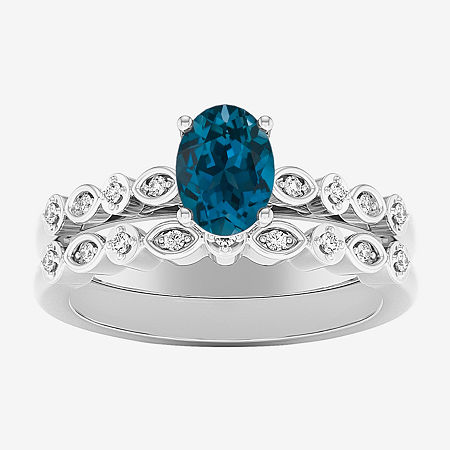 Modern Bride Gemstone Womens 1/8 CT. T.W. Genuine Blue Topaz 10K White Gold Oval Side Stone Bridal Set, 6 1/2