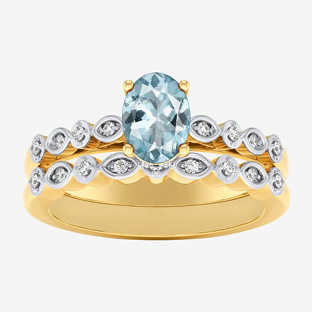 Modern Bride Gemstone Womens 1/8 CT. T.W. Lead Glass-Filled Red Ruby 10K Gold Oval Side Stone Bridal Set, 7 1/2, Aquamarine