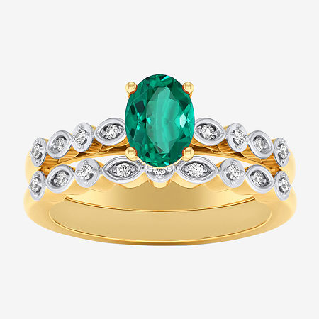 Modern Bride Gemstone Womens 1/8 CT. T.W. Genuine Green Emerald 10K Gold Oval Side Stone Bridal Set, 6 1/2, Emerald