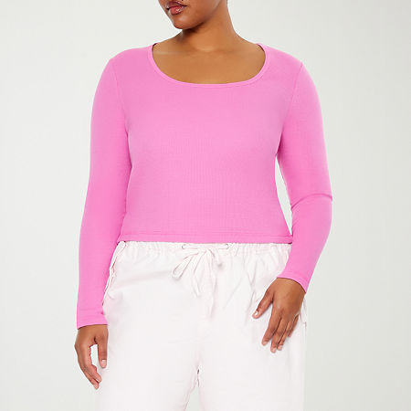 Forever 21 Womens Juniors Plus U Neck Long Sleeve T-Shirt, 1x, Pink