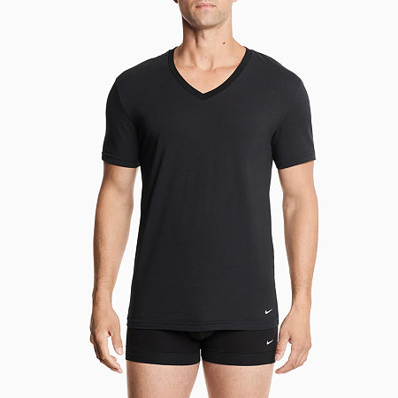 Nike All Day Cotton Stretch Mens 2 Pack Short Sleeve V Neck Moisture Wicking T-Shirt, Small, Black