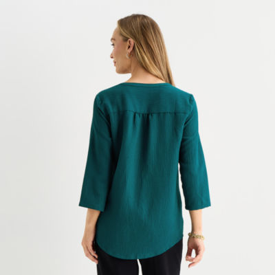 Liz Claiborne Womens Split Crew Neck 3/4 Sleeve Blouse