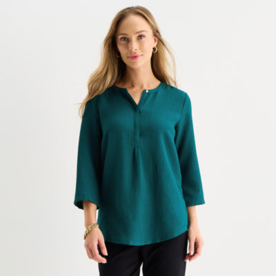 Liz Claiborne Womens Split Crew Neck 3/4 Sleeve Blouse