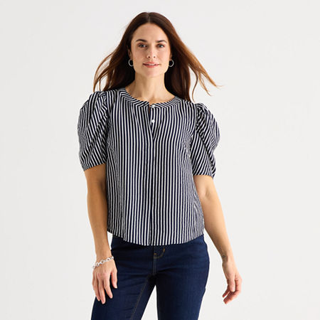 Liz Claiborne Womens Round Neck Short Sleeve Blouse, Small, Blue