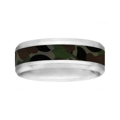 Mens 8mm Comfort Fit Stainless Steel Green Camouflage Wedding Band