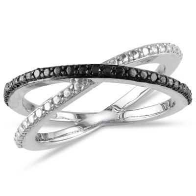 Midnight Black Womens 2mm Diamond-Accent Color-Enhanced Black Diamond  Round Crossover Ring in Sterling Silver