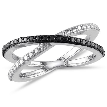 Midnight Black Womens 2mm Diamond-Accent Color-Enhanced Black Diamond Round Crossover Ring in Sterling Silver, 7