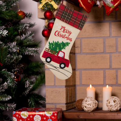 Glitzhome Embroidered Linen Red Truck Christmas Stocking