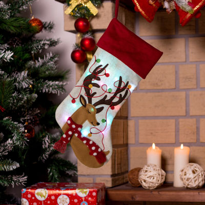 Glitzhome Led Embroidered Linen Reindeer Christmas Stocking