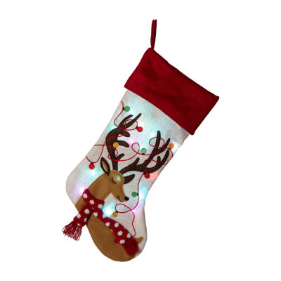 Glitzhome Led Embroidered Linen Reindeer Christmas Stocking