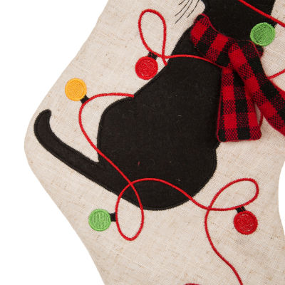 Glitzhome Led Embroidered Linen Cat Christmas Stocking