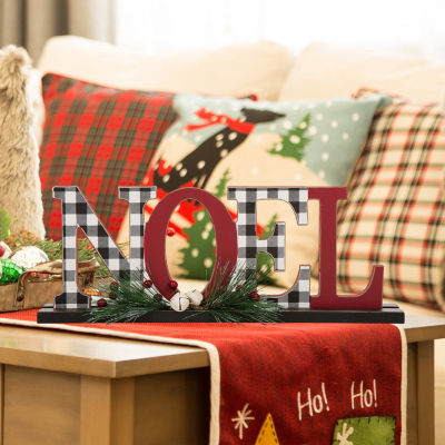 Glitzhome Wooden Plaid "Noel" Hand Painted Christmas Tabletop Decor