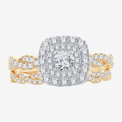 Signature By Modern Bride 1 CT.T.W. Natural Diamond Cushion Shape Side Stone Halo Bridal Set in 10K or 14K Gold