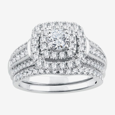 Signature By Modern Bride Womens 1 1/2 CT. T.W. Natural White Diamond 14K White Gold Cushion Bridal Set