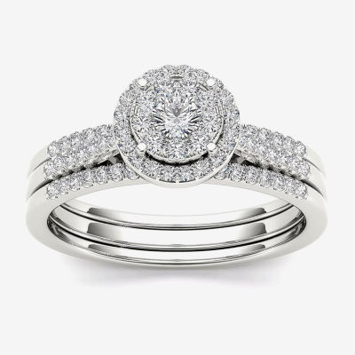 1/2 CT.T.W. Natural Diamond 10K White Gold Halo Bridal Ring Set