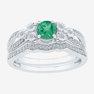 Modern Bride Gemstone Lab Created Emerald 1/5 Diamond