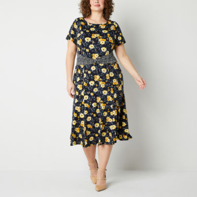 Perceptions Womens Plus Short Sleeve Floral Midi Fit + Flare Dress