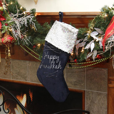 19'' Navy Blue and Silver ''Happy Hanukkah'' Sequin Cuff Embroidered Stocking