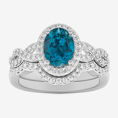 Modern Bride Gemstone Womens 1/2 CT. T.W. Genuine Blue Topaz 10K White Gold Oval Side Stone Crossover Engagement Ring, 6 1/2, Blue Topaz