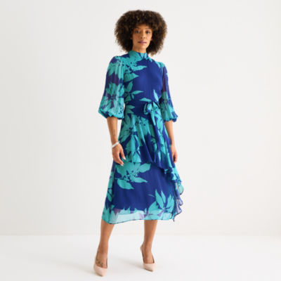 Melonie T Womens 3/4 Sleeve Floral Midi Fit + Flare Dress