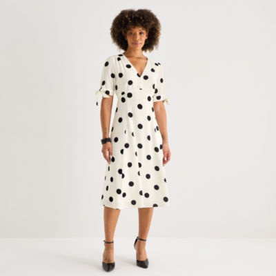 52seven Womens Short Sleeve Dots Midi Fit + Flare Dress
