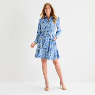 Black Label by Evan-Picone Womens Long Sleeve Floral Fit + Flare Dress