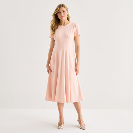 Marc New York Womens Midi Crew Neck Short Sleeve Fit + Flare Dress