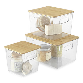 Simplify 5 Compartment Clear Organizer Jewelry Box with Bamboo Lid & Mirror  