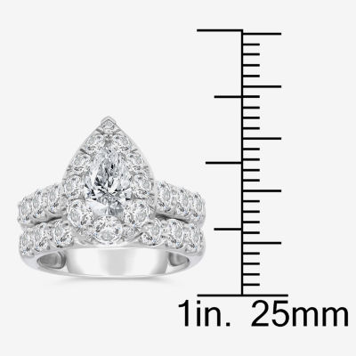 (I / I1) Womens 4 CT. T.W. Lab Grown White Diamond 10K Gold Pear Side Stone Halo Bridal Set