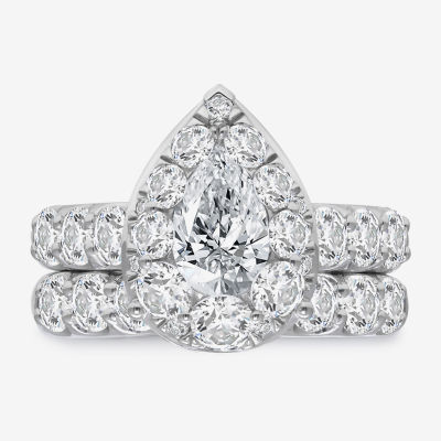 (I / I1) Womens 4 CT. T.W. Lab Grown White Diamond 10K White Gold Pear Side Stone Halo Bridal Set