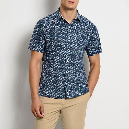 Van Heusen Everyday Defense Stainsheild Mens Slim Fit Short Sleeve Plaid Button-Down Shirt, Medium, Blue
