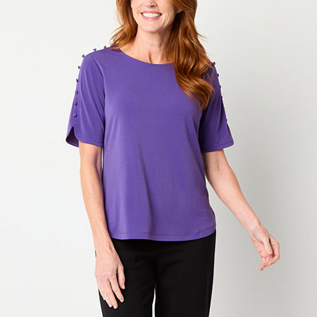 Liz Claiborne Womens Round Neck Short Sleeve Blouse, Medium, Purple