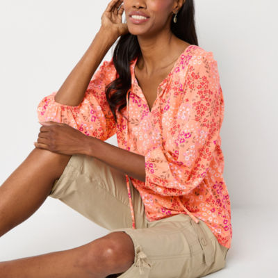 St. John's Bay Womens Split Tie Neck 3/4 Sleeve Blouse