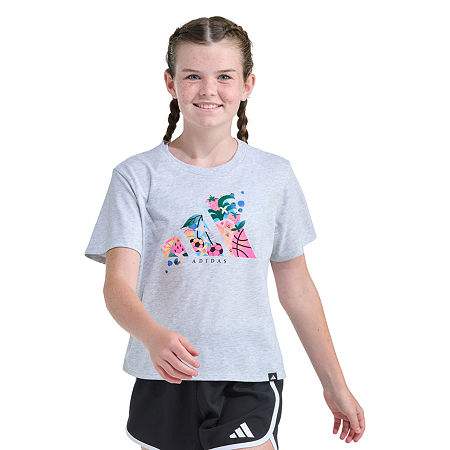 adidas Big Kid Girls Crew Neck Short Sleeve Regular Fit Graphic T-Shirt, Large (14), Gray