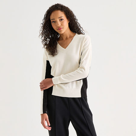 Stylus Womens V Neck Long Sleeve Pullover Sweater In Multi