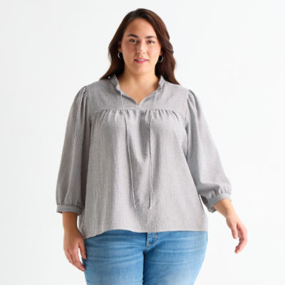 St. John's Bay Womens Plus V Neck 3/4 Sleeve Blouse