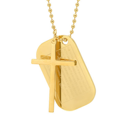 Lord'S Prayer Mens 18K Gold Over Stainless Steel Cross Dog Tag Pendant Necklace