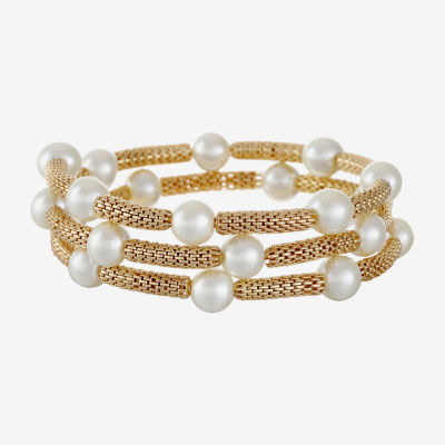 Monet Jewelry Simulated Pearl Gold Tone Mesh Bangle Bracelet