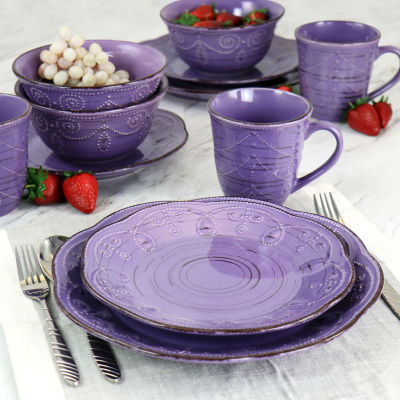 Elama Rustic Birch 16-pc. Stoneware Dinnerware Set, Color: Purple