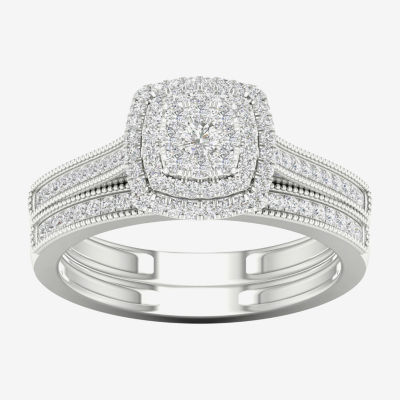 Womens 1/3 CT. T.W. Natural White Diamond 10K White Gold Cushion Halo Bridal Set