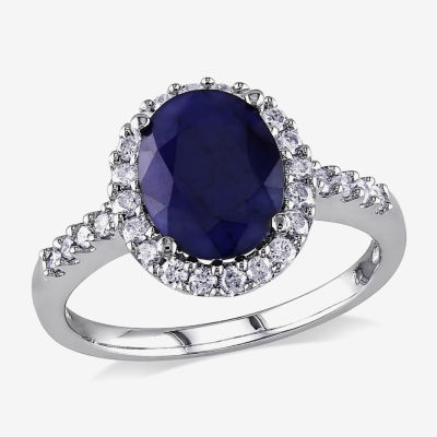 Modern Bride Gemstone Womens 3/8 CT. T.W. Genuine Blue Sapphire 14K Gold Oval Side Stone Halo Engagement Ring