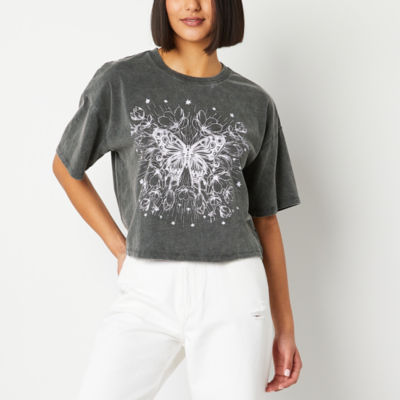 Juniors Butterfly Cropped Womens Crew Neck Short Sleeve Graphic T-Shirt