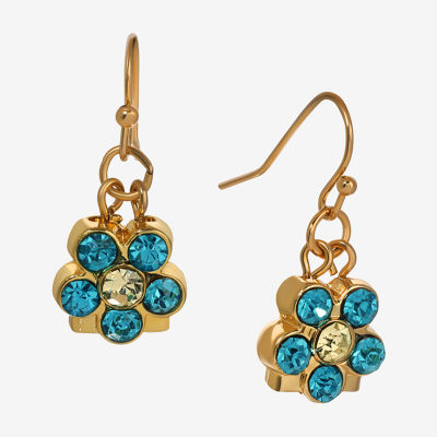 1928 Gold Tone & Aqua Crystal Flower Drop Earrings