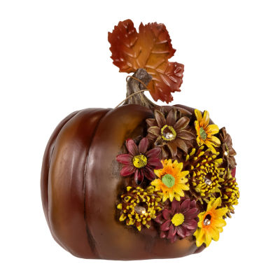 Northlight "8"" Lighted Solar Powered Floral Fall Harvest Pumpkin Outdoor Decoration" Thanksgiving Yard Art